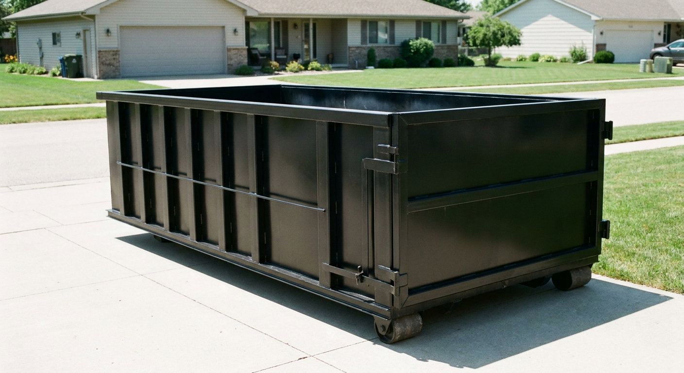 Matte-black 10-yard roll-off dumpster on a residential concrete driveway in Sacramento, uniformly painted matte black across every panel and rail, ribbed steel sidewalls and rear swing door visible, mid-day daylight.