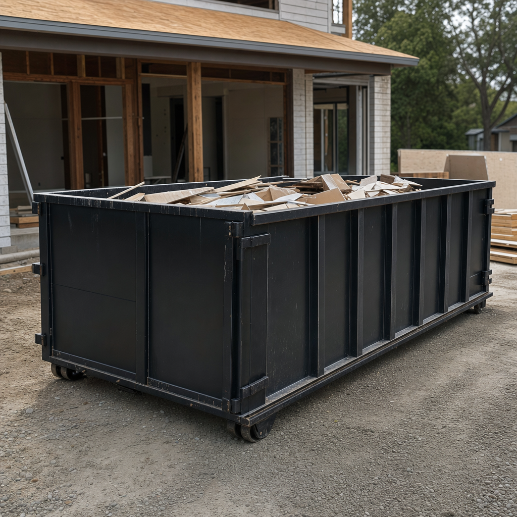 Large matte-black 30-yard construction roll-off dumpster at an active Sacramento jobsite, steel-gray top rails and bottom rollers visible, loaded with construction debris.