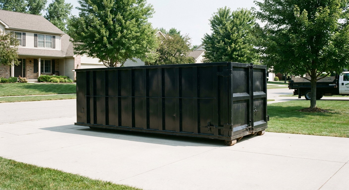 Matte-black 20-yard roll-off dumpster sitting level on a clean Sacramento residential concrete driveway under bright daylight, demonstrating clean placement directly on the concrete.