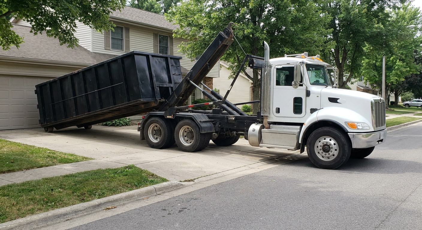 White-cab hooklift roll-off truck actively lowering a matte-black dumpster onto a Sacramento residential concrete driveway, the dumpster's rear wheels touching the driveway as the hoist arm tilts the bed forward, mid-morning daylight.