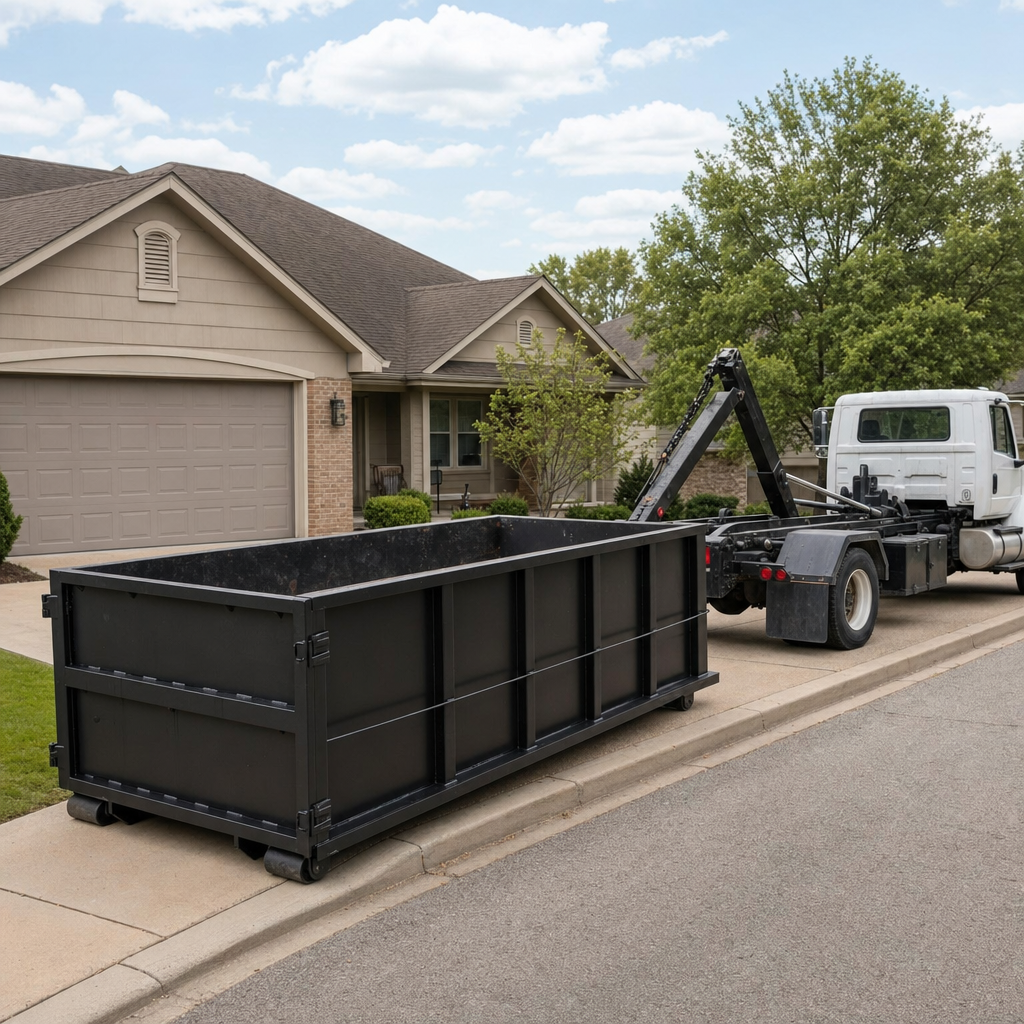 Wide documentary shot of a matte-black roll-off dumpster on a Sacramento residential driveway in the foreground and a contractor jobsite container in the soft-focus background, bright daylight, calm and orderly composition.